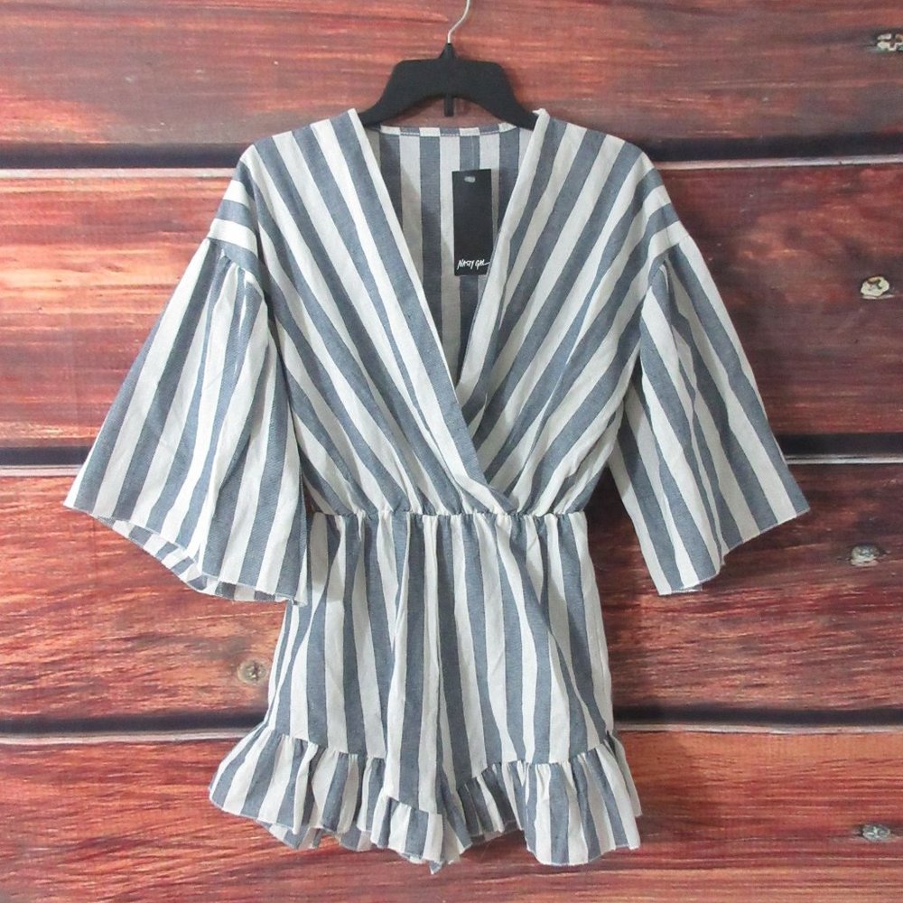 Nasty Gal Romper : on cloud linin striped wide sleeve romper Ruffle Blue Medium